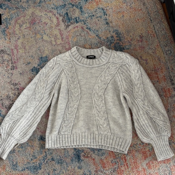 Express Sweaters - Express Light Gray Cable Knit Sweater w/ puff sleeve